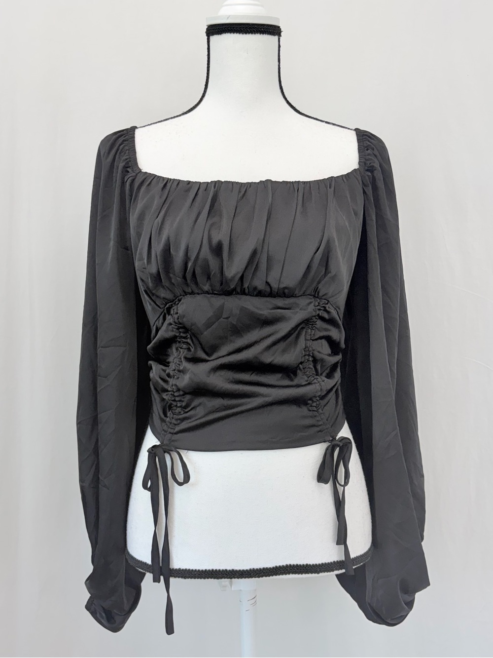 Satin Black Ruched Square-Neck Smock Top Sz Medium Peasant Dark Fairy Clubwear